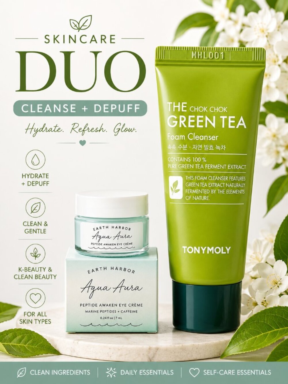 Earth Harbor Aqua Aura Eye Cream + TONYMOLY Green Tea Cleanser Duo